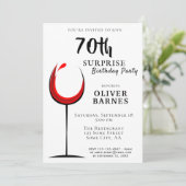 Modern Red Wine 70th Birthday Surprise Party Invitation (Standing Front)