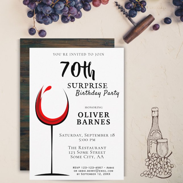 Modern Red Wine 70th Birthday Surprise Party Invitation