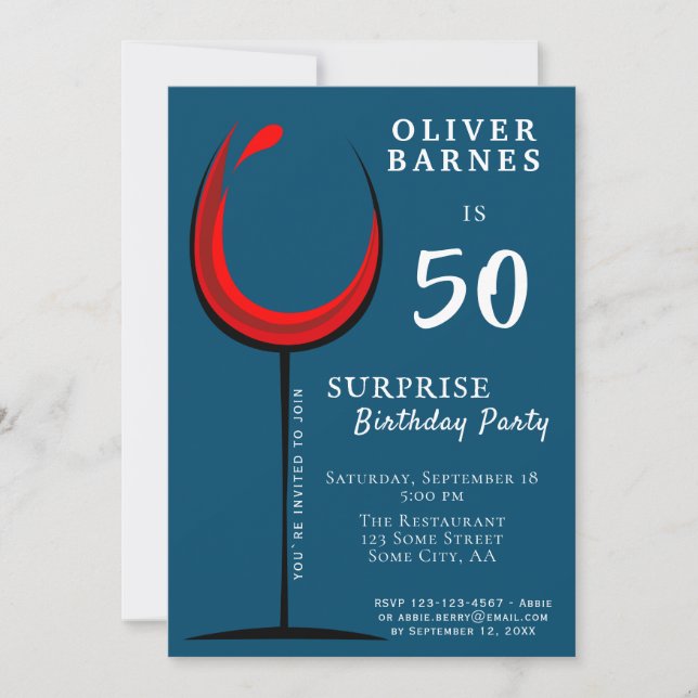 Modern Red Wine Glass 50th Birthday Surprise Party Invitation (Front)