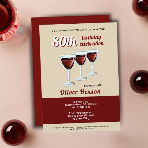 Modern Red Wine Glass 80th Birthday Invitation