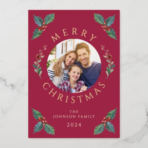 Modern Red Winter Greenery Christmas Gold Foil Holiday Card