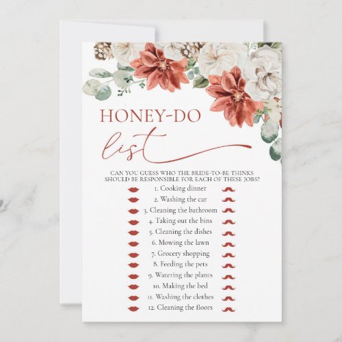 Modern Red Winter Honey Do List Bridal Shower Game Invitation