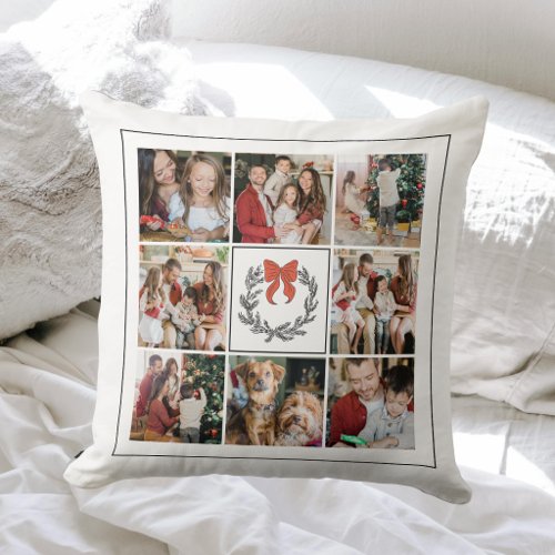Modern Red Wreath 9 Family Photo Collage Christmas Throw Pillow