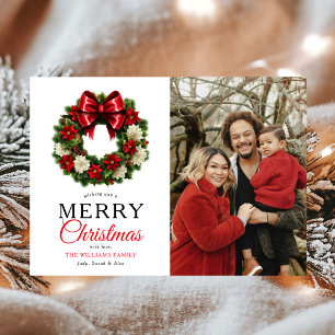 Modern Red Wreath Merry Christmas Photo Holiday Card