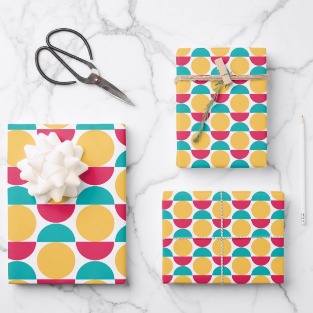 Modern Red Yellow Teal Geometric Shapes Wrapping Paper Sheets (Front)