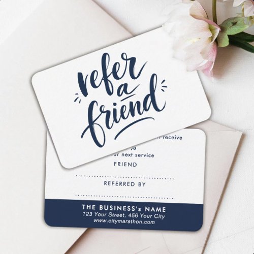 Modern Referral Navy Blue White Discount Script Card