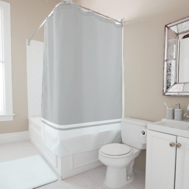 Modern Refined White Racing Stripes On Light Gray Shower Curtain (In Situ)
