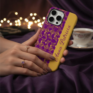 Modern Regency Purple Gold Damask Floral Name iPhone 16 Pro Max Case