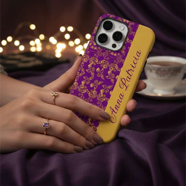 Modern Regency Purple Gold Damask Floral Name Case-Mate iPhone Case (Creator Uploaded)