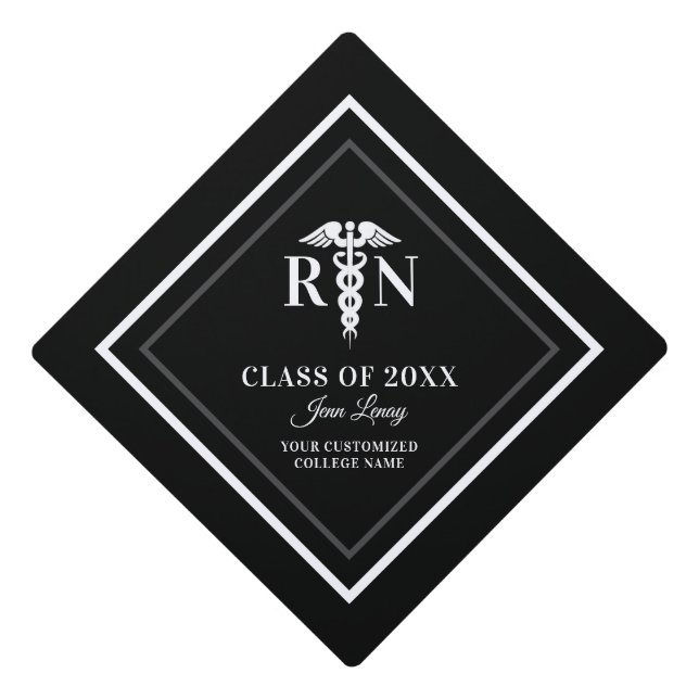 Modern Registered Nurse Black White Glitter Name Graduation Cap Topper (Front)