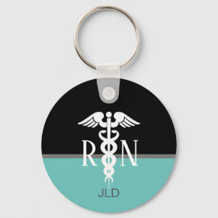 Modern Registered Nurse Caduceus Monogrammed Teal Keychain