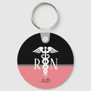 Modern Registered Nurse Caduceus Pink Monogram Keychain