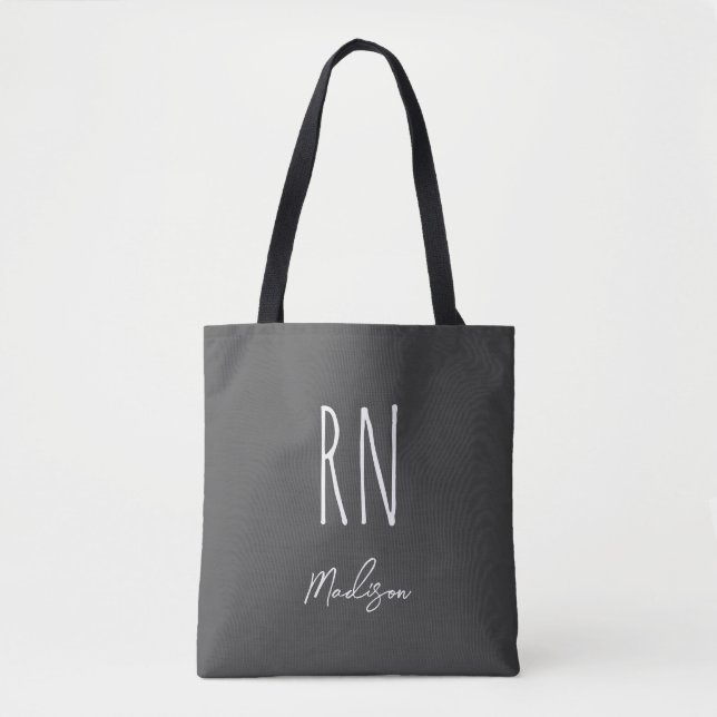 Modern Registered Nurse Grey White Monogram Name Tote Bag (Front)