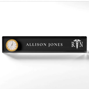 Modern Registered Nurse RN Caduceus Medical Black Desk Name Plate