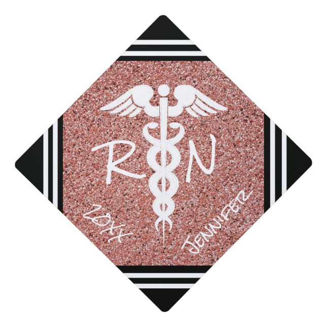 Modern Registered Nurse Rose Gold Glitter Caduceus Graduation Cap Topper (Front)