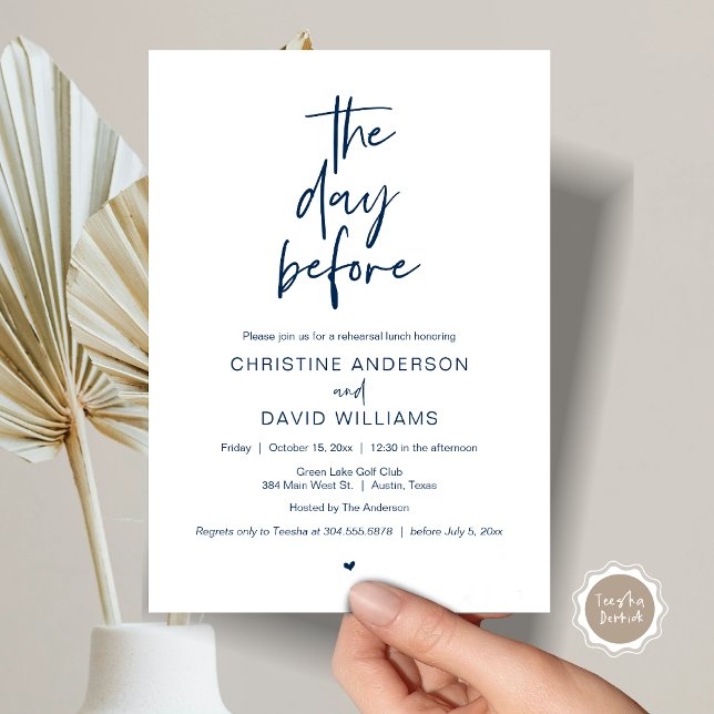 Modern Rehearsal Lunch, The day before Invitation (The day before, Wedding Rehearsal Lunch Invitation Card, Modern Minimalist Script, Classy Navy Blue)