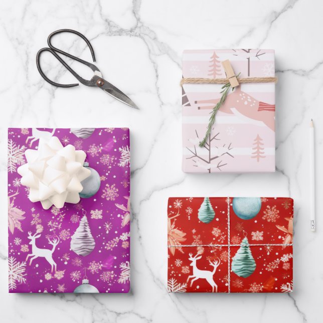 Modern Reindeer and Christmas Trees Christmas Wrapping Paper Sheets (Front)