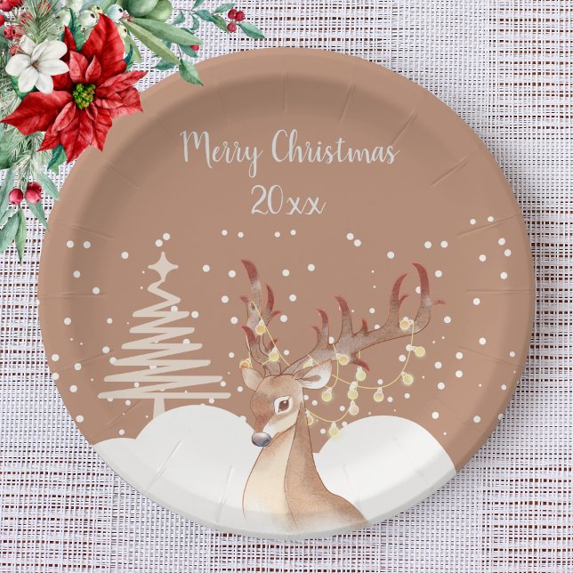 Modern Reindeer Christmas Party Brown Paper Plates (Creator Uploaded)
