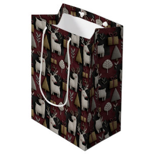 Modern Reindeer & Christmas Tree Folk Art Medium Gift Bag