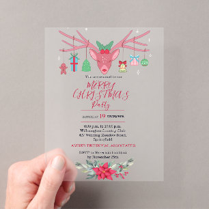 Modern Reindeer Floral Christmas Holiday Party Acrylic Enclosure Card