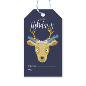 Modern Reindeer Floral Crown Christmas Gift Tags