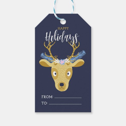 Modern Reindeer Floral Crown Christmas Gift Tags
