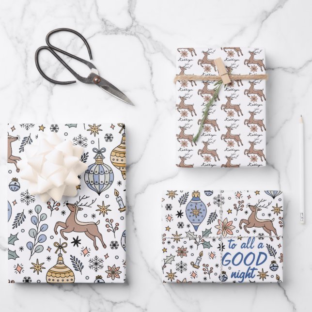 Modern Reindeer Pattern Personalized Christmas Wrapping Paper Sheets (Front)