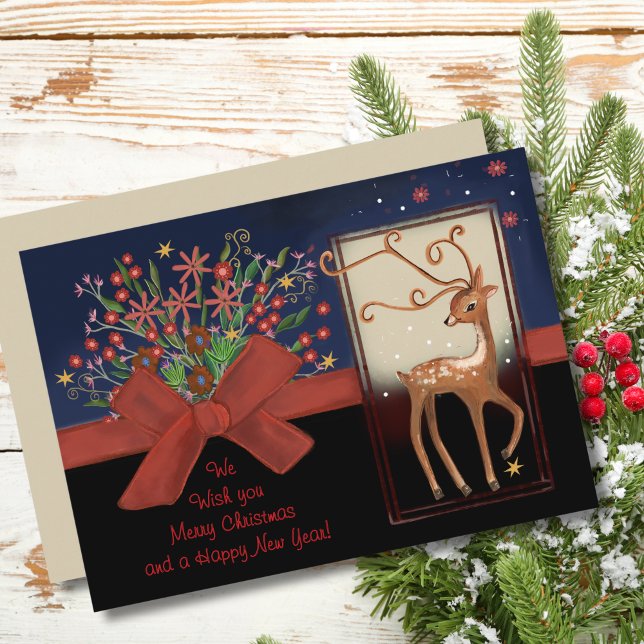 Modern Reindeer Red Bow Blue& Black Holiday Card (Cute Reindeer Red Bow Blue& Black Holiday Card)