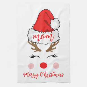 Modern Reindeer Santa Hat Merry Christmas Mom Kitchen Towel