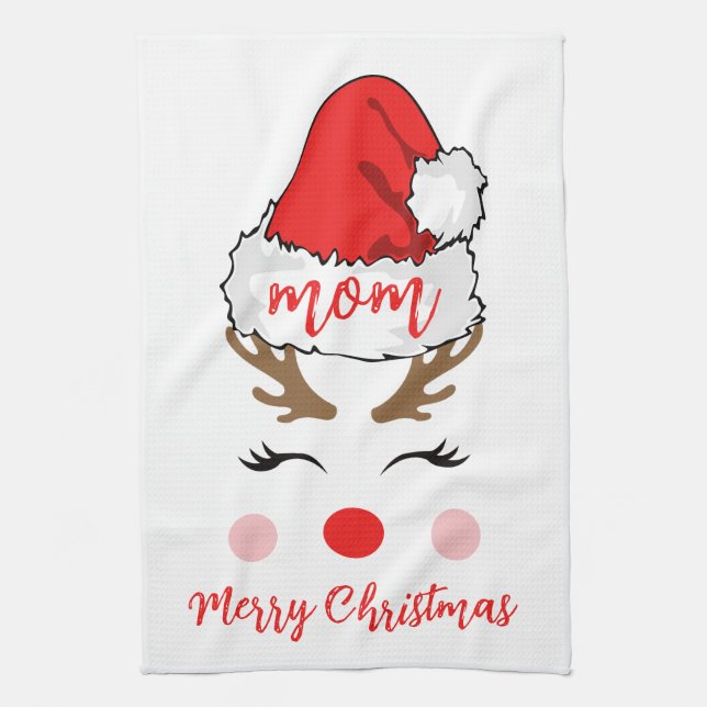 Modern Reindeer Santa Hat Merry Christmas Mom  Kitchen Towel (Vertical)