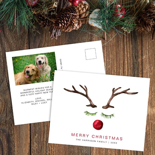 Modern Reindeer Watercolor Photo Merry Christmas Holiday Postcard (Creator Uploaded)