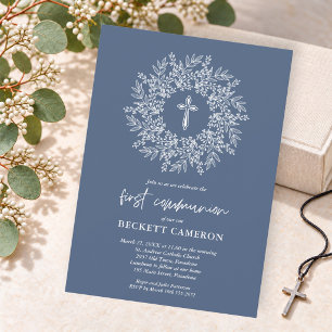 Modern Religious Blue Cross First Communion Invitation