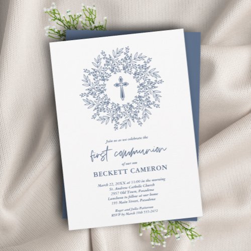 Modern Religious Blue Cross First Communion Invitation