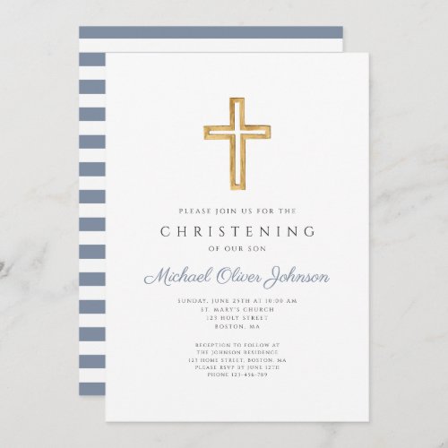 Modern Religious Cross Blue Stripes Christening Invitation