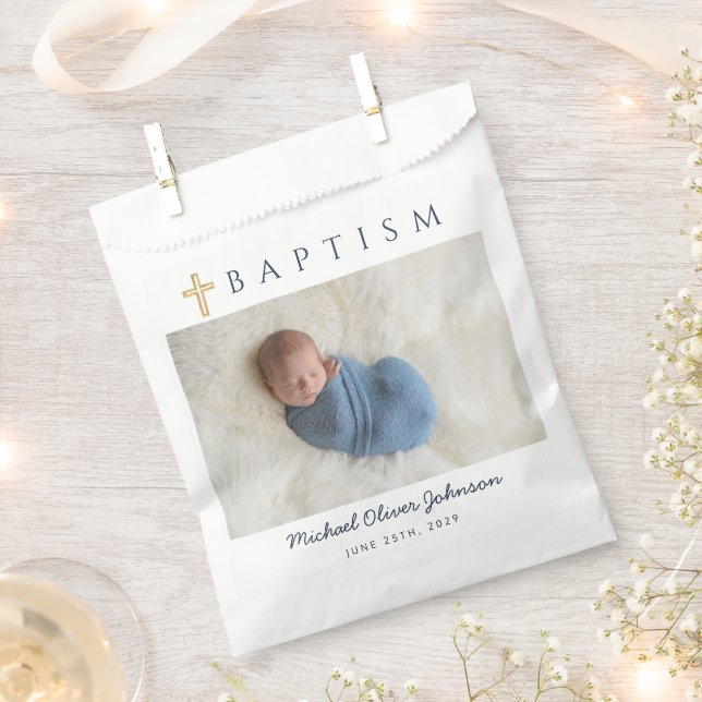 Modern Religious Cross Boy Baptism Photo Favor Bag (Clipped)