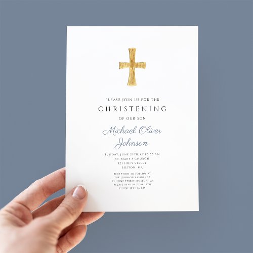 Modern Religious Cross Dusty Blue Christening Invitation