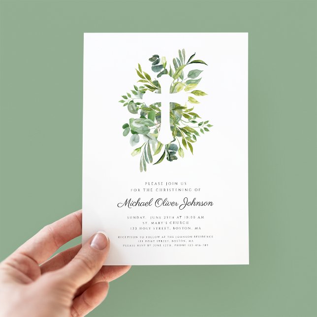 Modern Religious Cross Greenery Christening Invitation (Creator Uploaded)