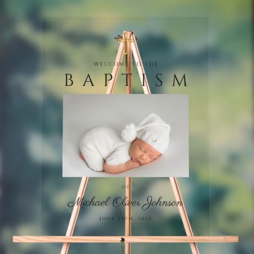 Modern Religious Cross Photo Boy Baptism Welcome Acrylic Sign