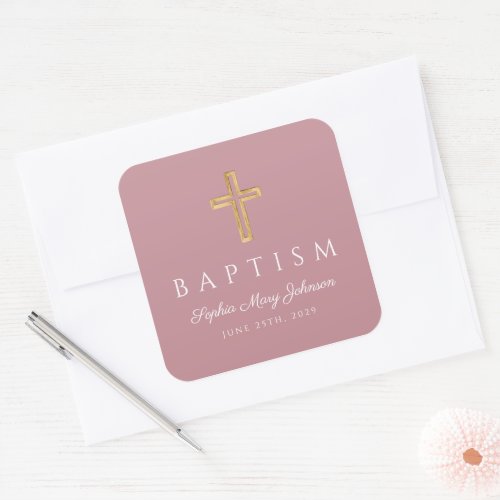 Modern Religious Cross Pink Girl Baptism Square Sticker