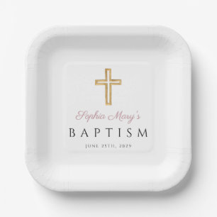 Modern Religious Cross Pink Script Girl Baptism Paper Plates