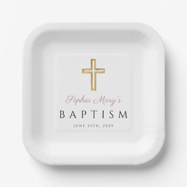 Modern Religious Cross Pink Script Girl Baptism Paper Plates (Front)