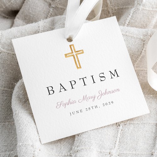 Modern Religious Cross Purple Script Baptism Favor Tags