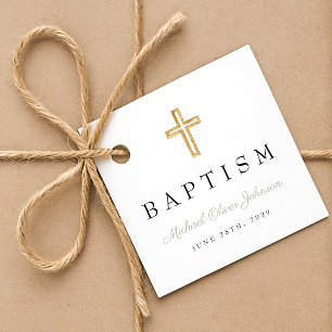 Modern Religious Cross Sage Green Script Baptism  Favor Tags