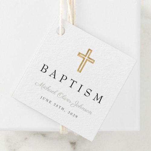 Modern Religious Cross Sage Green Script Baptism  Favor Tags