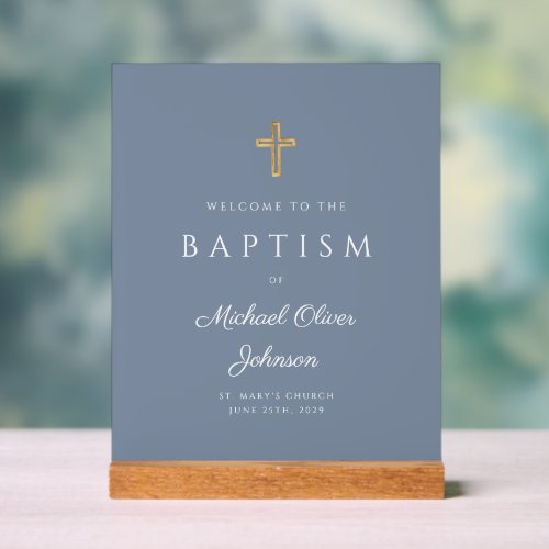 Modern Religious Dusty Blue Boy Baptism Welcome Acrylic Sign