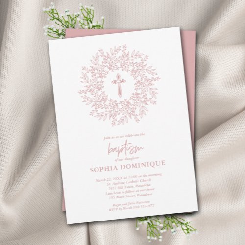 Modern Religious Pink Cross Baptism Invitation