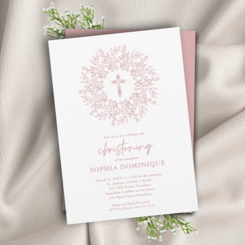 Modern Religious Pink Cross Christening Invitation