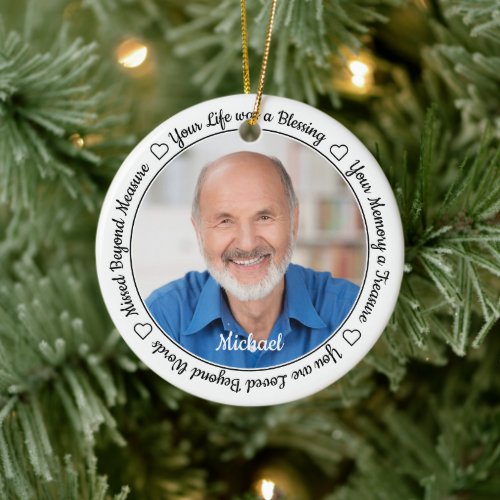 Modern Remembrance Memorial Personalized 2 Photo Ceramic Ornament - Honor your loved one with a custom photo memorial ornament. This unique memorial ornament keepsake is the perfect gift for yourself, family or friends to pay tribute to your loved one. This unique memorial ornament features a simple black and white design with decorative script.
Quote "Your Life was a Blessing, Your Memory a Treasure, You are Loved Beyond Words, Missed Beyond Measure".
Customize with favorite photos, name and date. Ornament is double sided, you can do 2 favorite photos, one on each side. Personalize name on the front, and dates on the back.
COPYRIGHT © 2020 Judy Burrows, Black Dog Art - All Rights Reserved. Modern Remembrance Memorial Personalized 2 Photo Ceramic Ornament