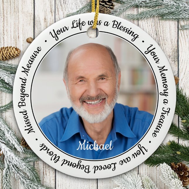 Modern Remembrance Memorial Personalized 2 Photo Ceramic Ornament (Creator Uploaded)