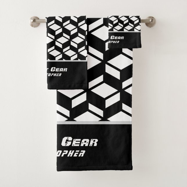 Modern Repeat Pattern Black White Towel (Insitu)